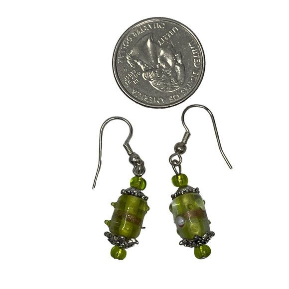 Handmade Pierced Earrings Lime Green Beads Dangle Drop Wire - Picture 3 of 7